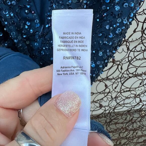 Adriana Papell Navy Blue Bead Sequin Long Formal Short Sleeve Glam Gown Size 8 - Picture 8 of 11